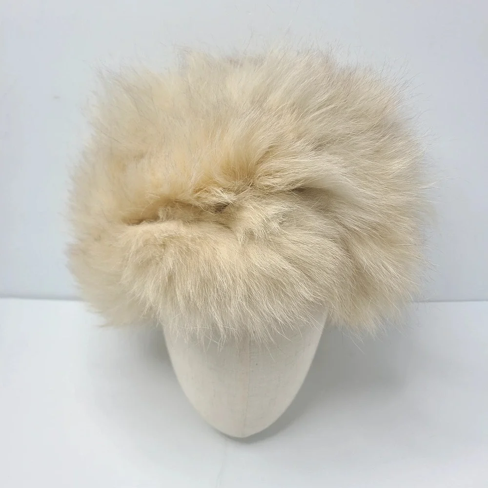 Vintage Cream Fur Cossack Russian Style Hat Winter Pillbox Fluffy Blonde Beige